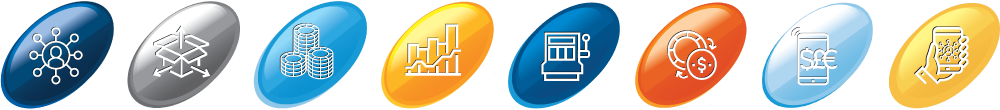 Icons to represent the IGT ADVANTAGE product line up including  Supplemental, Table Management, Analytics, Slot Management, Cage and Table accounting, cashless payments, and mobile apps.