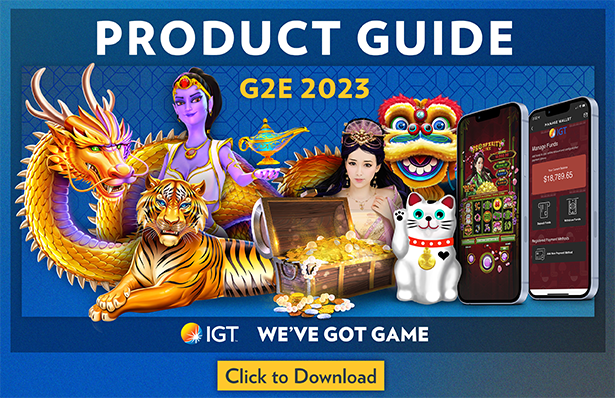 IGT G2E 2023 product guide image with game characters, PlayDigital, and systems images.