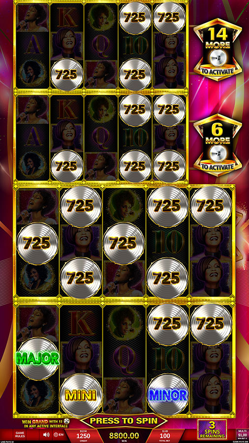 A screen from IGT's Whitney Houston slots featuring silver records and the popular lock and respin bonus