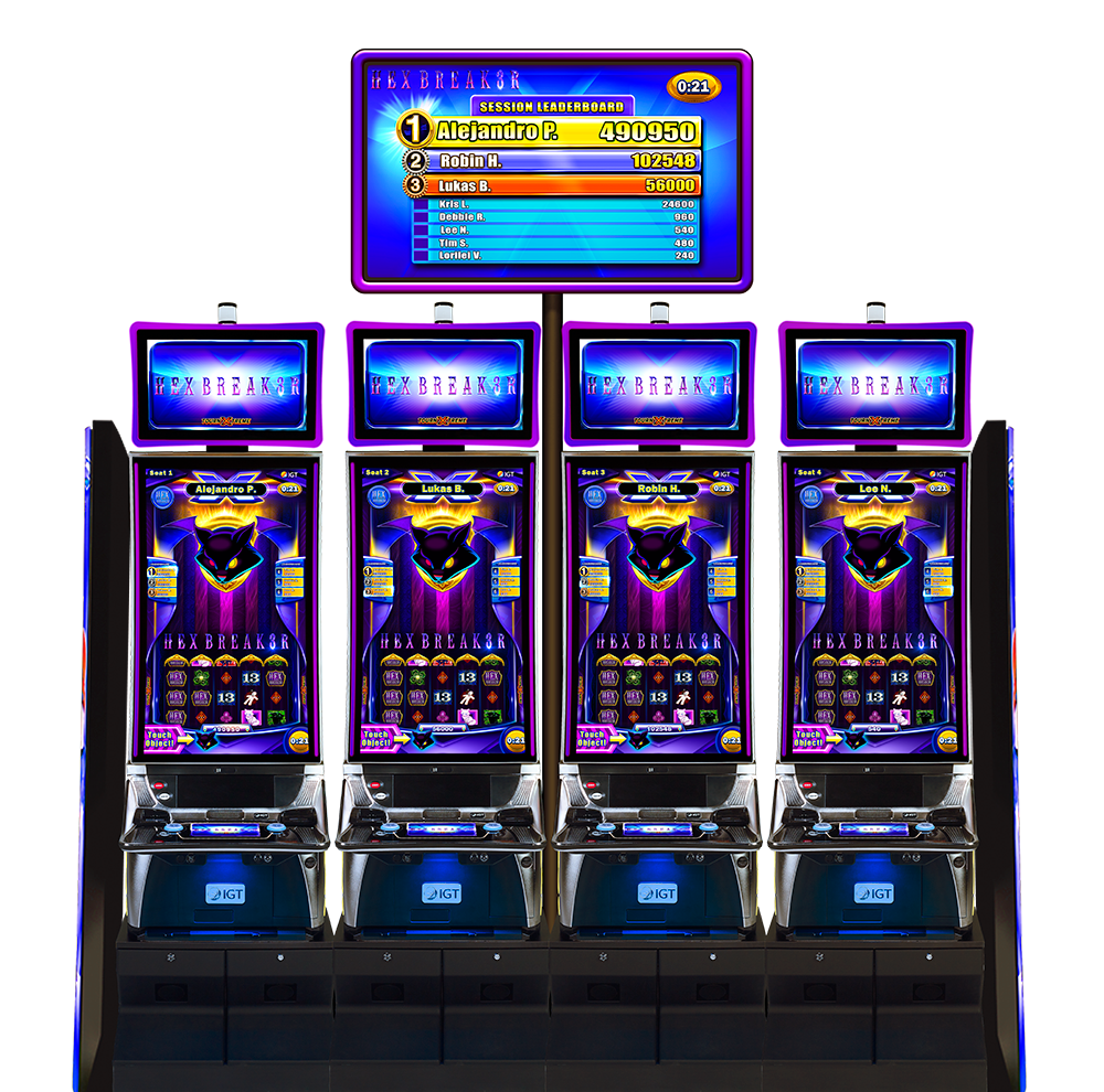 A bank of four IGT video slot machines featuring Hexbreaker Tournxtreme video slot tournament games.