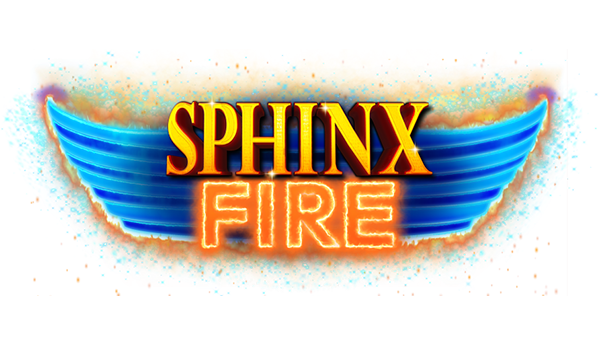 Gold and Orange Money Mania wide area progressive Sphinx Fire Logo on a blue background