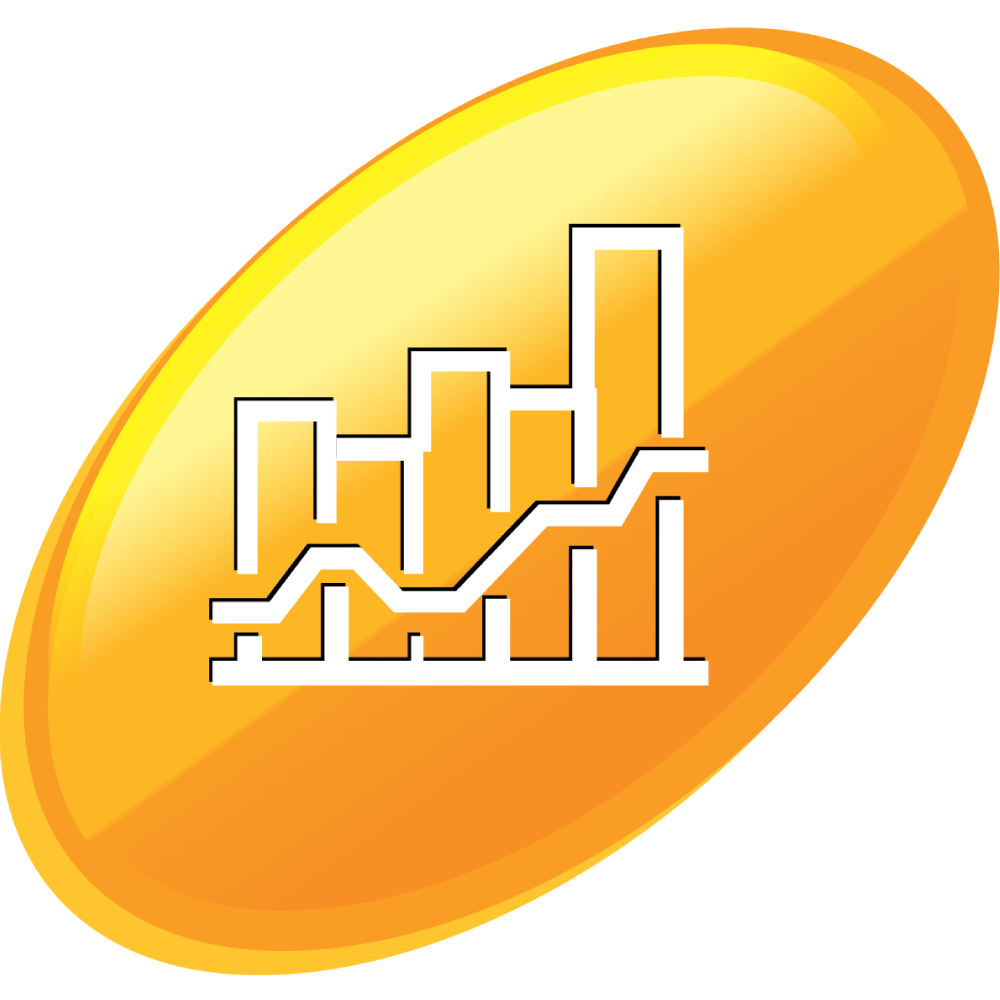 An orange and white IGT ADVANTAGE analytics casino management system logo with a white bar graph showcasing an upwards trend in an orange oval. 