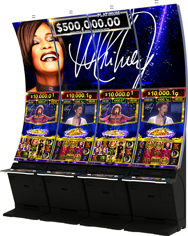 A bank of four IGT SkyRise casino gaming cabinets featuring Whitney Houston Slots