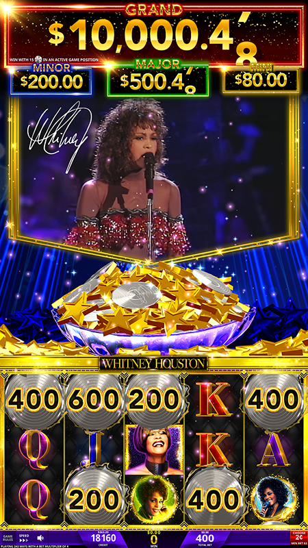 A screenshot of the respin bonus featured on IGT's Whitney Houston Slots featuring the star bowl, records, and pictures of Whitney Houston.