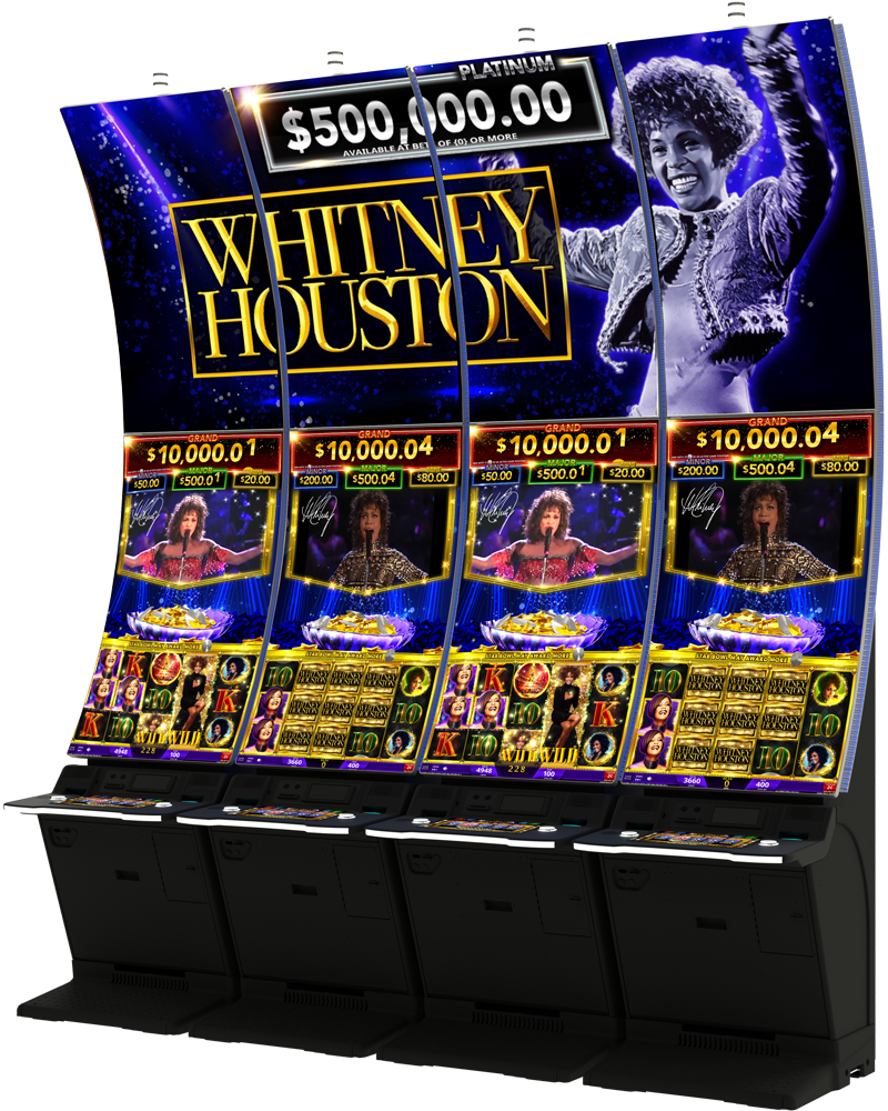 IGT's Whitney Houston slots on a four bank video slot cabinet with a Whitney Houston topper.