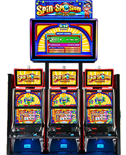 A bank of three IGT video slot machines featuring Spinsplosion! Tournaments video slot. This exciting tournament title promises to bring player engagement and excitement to your slot tournaments!