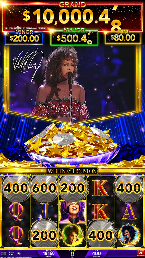 A screenshot from the Whitney Houston casino game featuring the lock and respin persistence pot feature